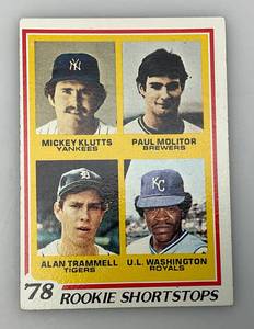 lot 82 image: 1978 Topps # 707 Rookie Shortstops Paul Molitor, Mickey Klutts, Alan Trammell, U.L. Washington Rookie Card
