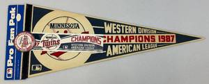 lot 91 image: Vintage 1987 Minnesota Twins 12 x 30 Western Division Champions Pennant, Bumper Sticker & Button