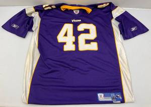 lot 115 image: Vintage Rebook Brand Equipment NFL Minnesota Vikings Football Jersey # 42 SHARPER Size XXL