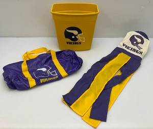 lot 121 image: Vintage 1980s Minnesota Vikings Collectibles Including Plastic Trash Can, Wind Sock And Miniature Duffle Bag