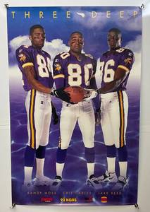 lot 246 image: Vintage Three Dee Vikings Poster Randy Moss, Chris Carter & Jake Reed 23 x 34 12