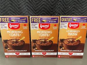 lot 407 image: Set of 3 Yumi Morning Oats Chocolate Hazelnut Instant Oatmeal with Golden Spoon
