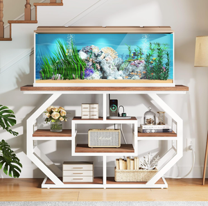 lot 610 image: DWVO 55-75 Gallon Aquarium Stand with Power Outlet, White and Walnut