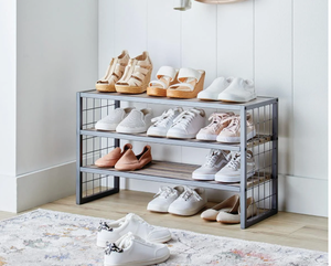lot 621 image: Better Homes & Gardens Farmhouse 3 Tier Shoe Rack, Gray, 30IN Wx 12 IN Dx 18IN H, Holds up to 12 Pairs