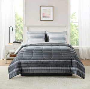 lot 624 image: Mainstays 7 Piece Reversible Bed in a Bag Comforter Set with Sheets, Grey Stripe, Full
