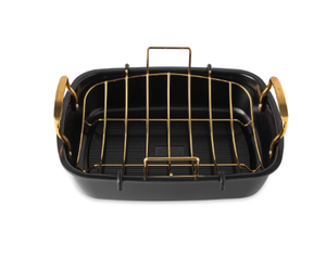 lot 372 image: Thyme & Table 17-inch Carbon Steel Non-Stick Roasting Pan with Rack - Black and Gold