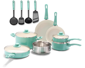 lot 383 image: 15PCS GreenLife Soft Grip Healthy Ceramic Nonstick, Cookware Pots and Pans Set