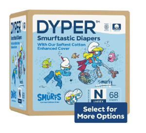 lot 333 image: LOT OF 2 DYPER Cotton-Enhanced Diapers Smurfs Edition, Size Newborn, 68 Count