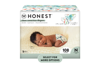 lot 335 image: The Honest Company, Clean Conscious Disposable Baby Diapers, Above It All & Giraffes Prints, Size NB, 108 Count