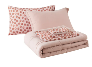 lot 437 image: Mainstays 7 Piece Reversible Bed in a Bag Comforter Set with Sheets, Pink, Full