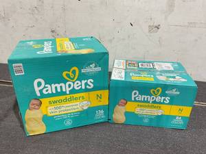 lot 471 image: LOT OF 2 Pampers Swaddlers Baby Diapers Size Newborn, 136 Count & 84 Count