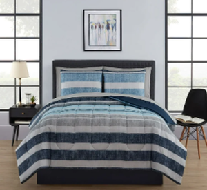 lot 694 image: Mainstays 7 Piece Reversible Bed in a Bag Comforter Set with Sheets, Blue Stripe, Full