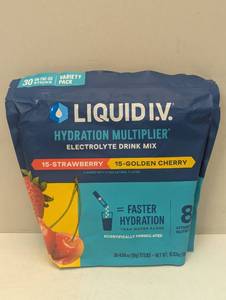 lot 106 image: Liquid I.V. Hydration Multiplier, 30 Individual Serving Stick Packs in Resealable Pouch Flavor  Golden Cherry & Strawberry