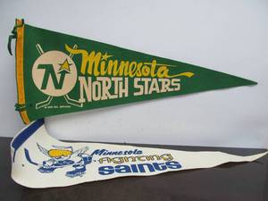 lot 62 image: Vintage 1960s MN NORTH STARS & Early 70s Minnesota Fighting Saints Hockey Pennants