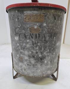 lot 217 image: Vintage Galvanized 1930s Footed Industrial STANDARD Rag Bin Trash Can - Stremel Bros, Minneapolis