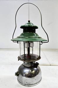 lot 218 image: Very Cool Old Vintage Chrome & AKRON LAMP COMPANY Green Enamel Lantern 