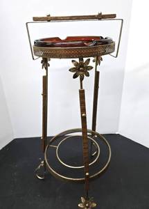 lot 227 image: Mid Century Pierced Brass Smoking Stand w AmberRed Glass Tray