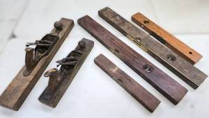 lot 244 image: Group of Antique Woodworking Planes & Wood Levels