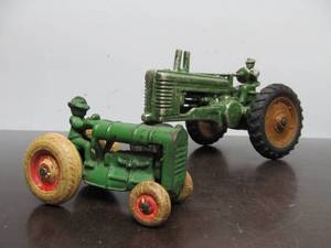 lot 257 image: 2 Original Old Vintage 1920s-30s era ARCADE Cast Iron JOHN DEERE Tractor Toys