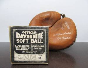lot 258 image: Old Vintage Yogi Berra Model Catchers Glove & Old Softball wOriginal Box
