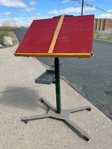 lot 290 image: Very Cool Vintage Rolling Industrial Tilt-Top Drafting Table 