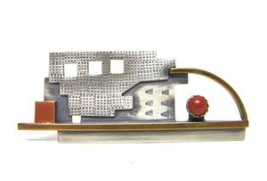 Signed Modernist Designer Sterling Silver Cityscape Brooch w/Red Gemstones by Barbara Nelson