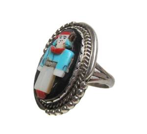 lot 35 image: Vintage Native American Figural Sterling Silver Inlaid Stone Ring