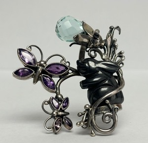 lot 14 image: Larger Beautiful Signed Sterling Silver Pendant Rabbit & Butterflies Inset wGemstones