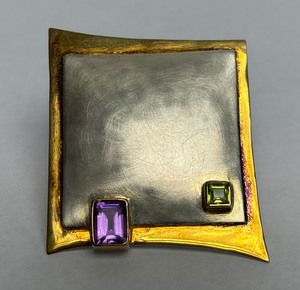 lot 13 image: Large Sculptural Modernist Sterling Silver Brooch wGemstones by Michou