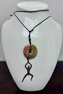 lot 45 image: Modernist Bronze Jointed Figure Pendant Necklace wUnakite