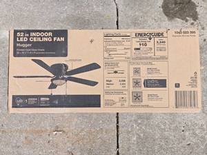 lot 14 image: 52-inch Indoor LED Ceiling Fan with Frosted Opal Glass Shade in Orig Box