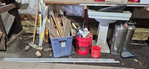 lot 39 image: Assorted Construction Tools and Metal Basin