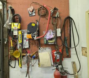 lot 51 image: Collection of Assorted Garage Hand Tools with Pegboard