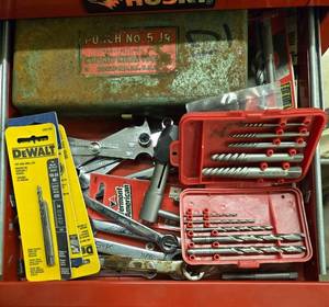 lot 56 image: Assorted Hand Tools and Drill Bit Set in Metal Box