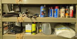 lot 75 image: Assorted Industrial Supplies - Epoxy, Hammer, Sanding Blocks, and More - container contents unverified