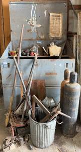 lot 140 image: Large Industrial Metal Storage Bin with Scrap Metal and Gas Cylinders