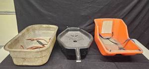 lot 153 image: Set of 3 Utility Tubs including Oil Drain Pan and Orange Pull Sled