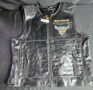 lot 204 image: Harley-Davidson 2XL Black Leather Vest with Embroidered Logo
