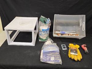 lot 214 image: Assorted Tools and Workshop Supplies with Storage Container