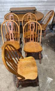 lot 217 image: Dining Set with Oak Pedestal Table and Windsor Chairs