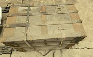 lot 256 image: Antique Wooden Storage Trunk with Metal Accents