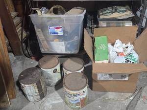 lot 273 image: Assorted Lot of Paint Cans, Tools, and Repair Supplies