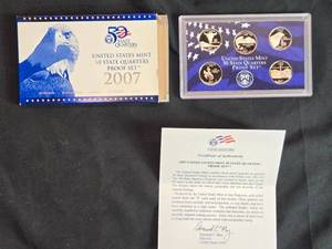 lot 3 image: 2007 United States State Quarters Proof Set of 5 with Certificate of Authenticity - Montana, Washington, Idaho, Wyoming, Utah