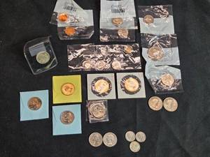 lot 26 image: Huge Lot of Mixed Coins - 1 Dollars, 7 Mixed Quarters, 3 Nickel Proofs, 2 Penny Proofs, 4 Dime Proofs, 1 Half Dollar, 2 1979 Dollars, 1952 Quarter, 1957 Dime