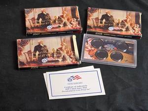 lot 32 image: 3 Empty OGP United States Mint Presidential $1 Coin Proof Set Empty Boxes (2007, 2008, 2009)
