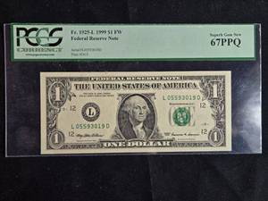lot 42 image: Superb Gem New 1999 $1 Federal Reserve Note PCGS Graded 67PPQ
