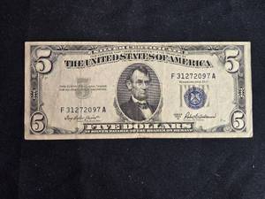 lot 46 image: 1953A Series Five Dollar United States Note with Blue Seal - F31272097A