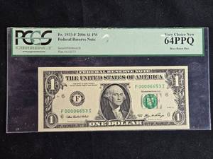 lot 49 image: Very Choice - 64PPQ -  New Federal Reserve Note $1 2006A with Serial #F00006653I