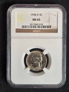 lot 53 image: 1958 D Jefferson Nickel NGC Graded MS65