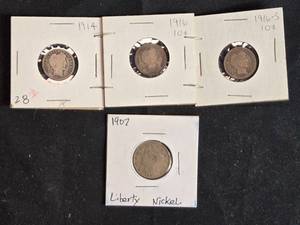 lot 60 image: 3 Barber Dimes and 1 V Nickel Coins - 1914, 1916, 1916S, 1907 V Nickel